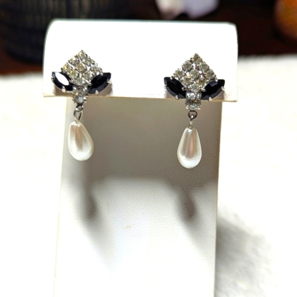 Vintage Black & Clear Rhinestone Faux Pearl Drop Pierced Earrings - Picture 7 of 7